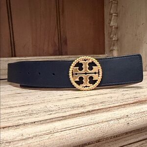 Tory Burch Blue Belt with Gold Logo Buckle